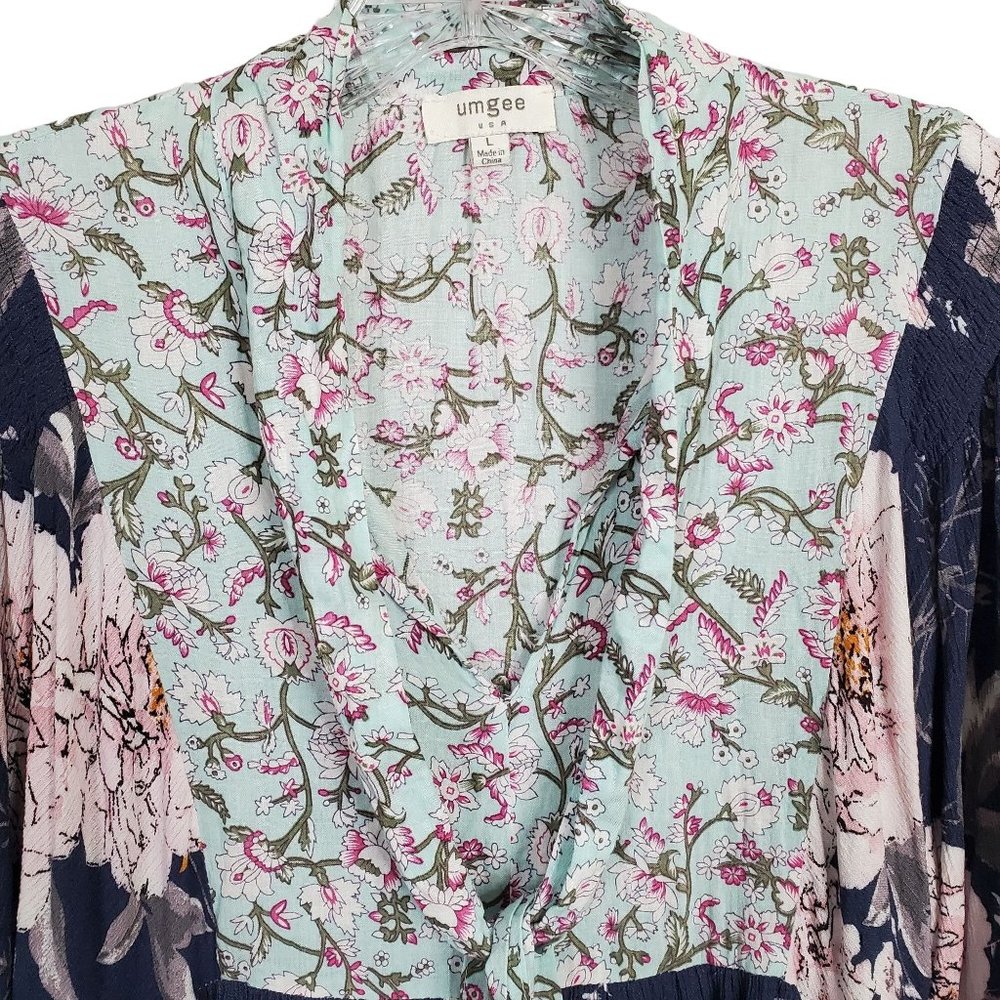 Umgee Size L Dress Blue CottageCore Floral Crinkle V-neck Ribbon Tie Puff Sleeve - Picture 8 of 9